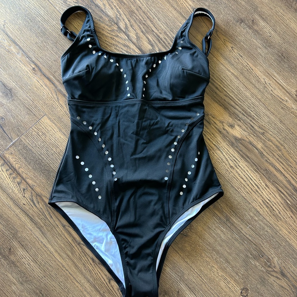 Black One-Piece Swimsuit with Stud Accents
